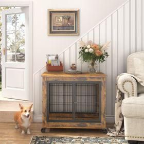 Furniture Style Dog Crate Side Table On Wheels With Double Doors And Lift Top. Rustic Brown, 31.50'' W X 22.05'' D X 25'' H. (Color: Rustic Brown)
